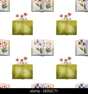 Nahtloses Muster mit offenen Büchern, die mit Blumen dekoriert sind, handgezeichnet in Aquarellen. Stockfoto