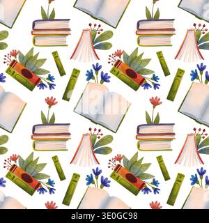 Nahtloses Muster mit offenen und geschlossenen Büchern mit Blumen und grünen Blättern, handgezeichnet in Aquarellen. Stockfoto