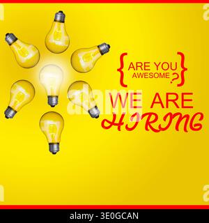 Poster „We Are Hiring Recruitment“ Mit Leuchtbirne-Ideengrafik Auf Hellgelbem Hintergrund Stockfoto