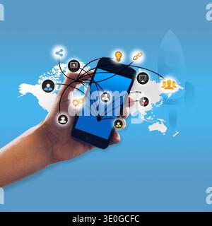 Smartphone Mobile Network und Global Social Connectivity Concept Illustration mit Symbolen und Weltkarte Stockfoto