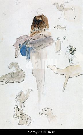 Diese Aquarell- und Tintenskizze aus dem 19. Jahrhundert von Edward Lear mit dem Titel „Studies of Camels“ zeigt eine sitzende Figur von hinten, umgeben von verschiedenen Darstellungen von Kamelen in verschiedenen Positionen. Das Stück zeigt Lears Beobachtungsgeschick, indem es lose Aquarellfarben mit feinen Linien kombiniert, um das Wesen seiner Motive festzuhalten. Stockfoto
