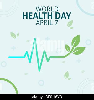Eine minimalistische Grafik für den Weltgesundheitstag mit einem leuchtend grünen Herzschlag, der Blätter sprießt. Weicher blauer Hintergrund mit dezentem medizinischem Kreuz Stock Vektor