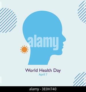 Eine minimalistische Illustration für den Weltgesundheitstag mit blauer menschlicher Silhouette. Ein orangefarbener Sonnenakzent sitzt neben dem Hals über einem hellblauen Ba Stock Vektor