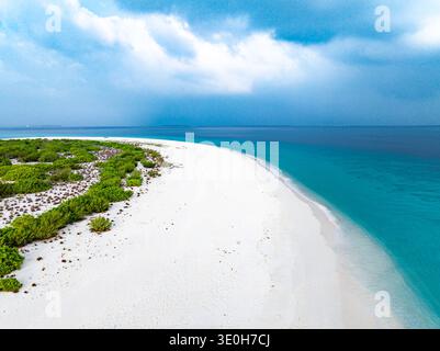 Aus der Vogelperspektive auf den weißen Sandstrand, der das türkisfarbene Meer küsst, gesäumt von grünem Grün unter dem riesigen blauen Himmel, Hoarafushi, Thiladhunmathee Uthur Stockfoto