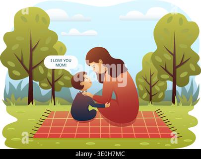 Mutter und Kind teilen einen herzlichen Moment auf einer Picknickdecke, umgeben von der Natur Stock Vektor