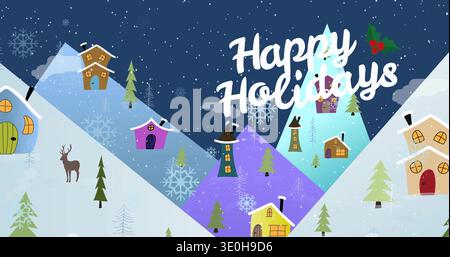 Es wird ein großer Happy Holidays-Text angezeigt, der nachts über schneebedeckte pastellfarbene Hügel schwingt, Hütten, stechpalmenzweig. Winter, Alpin, Dorf, Schnee, Hirsch, Geschenk, Sterne Stockfoto