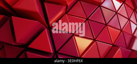 Modernes 3D-Rendering einer abstrakten geometrischen Oberfläche in leuchtenden Rot- und Rosa-Tönen mit einer Tessellierung von Dreiecksformen mit dynamischer Beleuchtung A Stockfoto