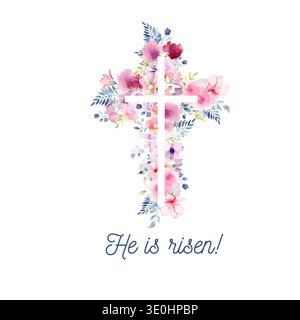 Religiöses Kreuz mit Aquarellblumen. Handgezeichnet. Nicht AI, Vektordarstellung. Er ist von Hand gezeichnet auferstanden. Nicht AI, Vektordarstellung Stock Vektor