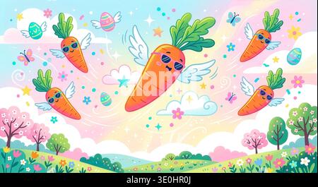 Skurrile fliegende Karotten mit Flügeln und Sonnenbrille in einem pastellfarbenen Himmel Stockfoto