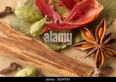 Ganze aromatische Gewürze für Biriyani Close-up Makrovollrahmen, Zimt, Sternanis, Muskatblüte und Kardamom, Konzept aromatischer kulinarischer Aromen Stockfoto
