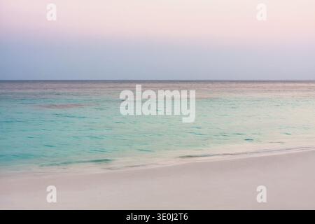 Ruhiger tropischer Strand mit sanften Pastellfarben und ruhigem türkisfarbenem Meer. Minimaler Meeresblick, ideal für Reise- und Entspannungskonzepte. Stockfoto