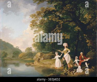 Dieses fesselnde Ölgemälde aus den späten 1700er Jahren von Francis Wheatley zeigt die „Browne Family“ in einer malerischen natürlichen Umgebung. Die Familie wird an einem ruhigen Seeufer gezeigt, wo eine Frau angeln und Kinder spielen, während ein Gentleman in den Vordergrund zieht und einen ruhigen Moment der Freizeit und der familiären Zuneigung fängt. Stockfoto