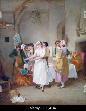 Das Gemälde „The Mistletoe Bough“ von Francis Wheatley aus dem Jahr 1785 zeigt eine lebendige heimische Szene während der Weihnachtsfeier. Junge Paare umarmen und küssen sich unter einem Zweig Mistelzweig, während andere sich um einen Tisch versammeln und einen Moment der traditionellen Festlichkeiten und der Balz aus der georgianischen Ära festhalten. Stockfoto