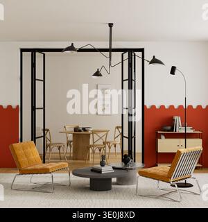 Modernes Wohnzimmer mit zwei Sesseln und Couchtisch in warmen Tönen, skulpturalen Möbeln und sichtbarem Essbereich schaffen eine stilvolle, moderne Residenz Stockfoto