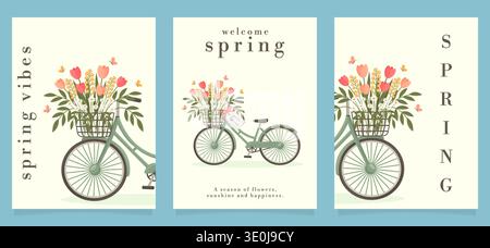Frühlingsgruß Poster mit Vintage Fahrrad und Blumen Vektor Illustration. Stock Vektor