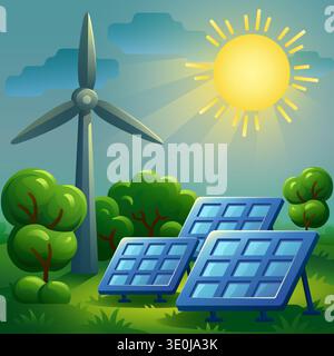 Solarpaneele und Windturbine unter hellem Sonnenlicht auf einem üppigen grünen Feld Stock Vektor
