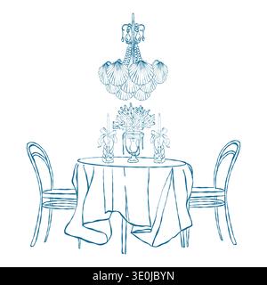 Romantisches Abendessen, elegante Tischgestaltung. Kerzen, Bögen, Kronleuchter mit Muscheln, Einrichtung im nautischen Stil. Doodle Illustration für eine Hochzeit an der Küste. Handgezeichnetes romantisches Abendessen. Vektorkontur Clip Art. Stock Vektor