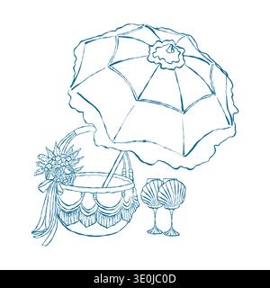 Einen Regenschirm, Muschelweingläser und einen Korb. Vintage-Illustration für eine Strandparty, ein Picknick oder eine Hochzeit an der Küste. Blaue Vektorkontur. Stock Vektor