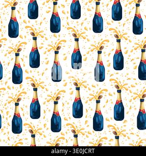 Nahtloses Champagnerflaschenmuster mit Knallkorken und Golden Splash. Festlicher Cartoon-Schaumweinhintergrund für Feier, Party-Verpackung Stock Vektor