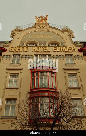 Historisches Hotel Europa Fassade in der Prager Altstadt, Tschechische Republik. Stockfoto
