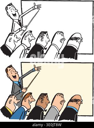 Ein Vintage-Retro-Cartoon eines Geschäftsmannes, der eine Präsentation gibt. Stock Vektor