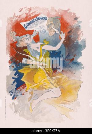 Lithografisches Poster von Jules Chéret zur Werbung für „Le Courrier francais“, eine französische illustrierte Wochenzeitung, die inzwischen nicht mehr existiert. Stockfoto