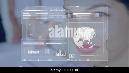 Anzeige des lichtdurchlässigen HUD, das über dem klinischen Raum schweben kann, mit gepunktetem Globus und Datenfeldern Stockfoto