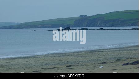 Mit Sandstrandkieseln und Algen, flachen Wellen, die an der Küste plätschern, Felsen, grasbewachsenen Klippen Stockfoto