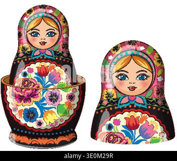 Vektor-Illustration von zwei bunten russischen Nistpuppen mit detaillierten floralen Volkskunst Designs. Stock Vektor