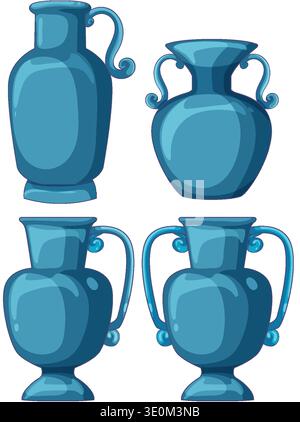 Vier blaue Keramikvasen im antiken griechischen Stil, Vektorillustration, glänzende Highlights, isoliert Stock Vektor
