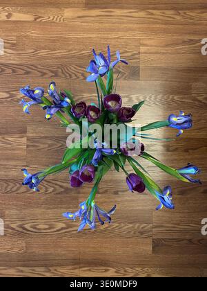 Tulpen und Iris Bouquet in einer Vase Stockfoto