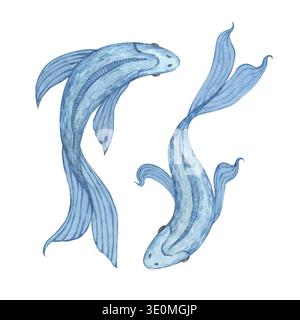 Eine Reihe von Aquarellen mit wunderschönen blauen Fischen Stockfoto