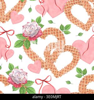 Ein nahtloses Valentinstag-Muster aus Waffeln in Form von Herzen und Rosen Stockfoto