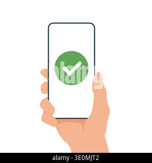Smartphone-Bildschirm in der Hand mit genehmigtem Häkchen auf dem Display, modernes Vektorkonzept für Bestätigung, Verifizierung, erfolgreiche Transaktion, online Stock Vektor