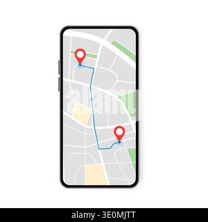 GPS-Navigation des Smartphones mit Routenkarte und Standortfunktionen für die Stadt, die auf dem Bildschirm des Mobiltelefons angezeigt werden, und einer Benutzeroberfläche für die Straßensuche für Reisen und Transport Stock Vektor