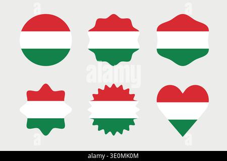 Flags of Hungary – Symbol der flachen Sammlung. Ungarn Nationalflagge Set Form Variationen Vektor Symbol. Isolierter Aufkleber. Vektorillustrationssatz Stock Vektor