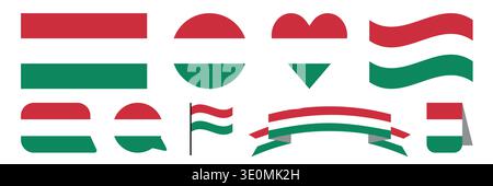Flags of Hungary – Symbol der flachen Sammlung. Ungarn Nationalflagge Set Form Variationen Vektor Symbol. Isolierter Aufkleber. Vektorillustrationssatz Stock Vektor
