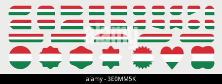 Flags of Hungary – Symbol der flachen Sammlung. Ungarn Nationalflagge Set Form Variationen Vektor Symbol. Isolierter Aufkleber. Vektorillustrationssatz Stock Vektor