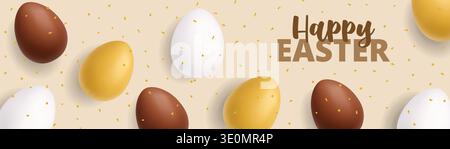 Happy Easter beige Banner mit goldenen, weißen und Schokoladeneiern. Festlicher 3D-Feiertagshintergrund mit Konfetti Stock Vektor