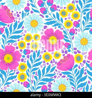 Handgezeichnetes nahtloses Blumenmuster mit Gänseblümchen, rosa Blumen und gelben Blüten. Dekorativer Wiesenstil botanischer Hintergrund mit dichtem Laub und Stock Vektor