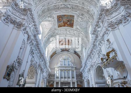 Ein Weitwinkelblick von innen auf die Kirche St. Peter und St. Paul in Vilnius, mit Schwerpunkt auf der kunstvollen Orgel und der barocken Gewölbedecke. Stockfoto