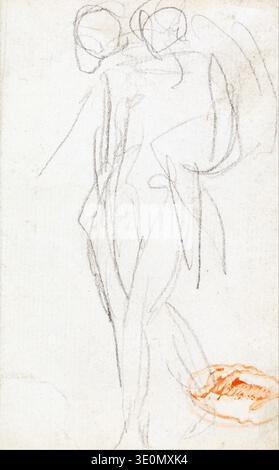 Diese Skizze aus dem 18. Jahrhundert, eine „Komposition zweier Figuren“ von George Romney, zeigt dynamische Bleistift- und Kreidelinien auf Papier, die die grundlegende Studie des Künstlers über die menschliche Form veranschaulichen. Die Zeichnung fängt zwei Figuren in einer energetischen, möglicherweise tanzenden oder interagierenden Pose ein und zeigt einen rohen und expressiven künstlerischen Stil aus den späten 1700er Jahren Stockfoto