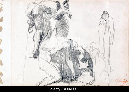 Diese Graphit-Zeichnung, „Deposition“, von George Romney aus dem späten 18. Jahrhundert zeigt eine düstere biblische Szene mit mehreren Figuren, wahrscheinlich Christus vom Kreuz genommen, mit ausdrucksstarken Linien und Schattierungen. Die Zeichnung zeigt Romneys Beherrschung von Form und Emotionen in einem neoklassizistischen Stil, der für seine Zeit charakteristisch ist. Stockfoto