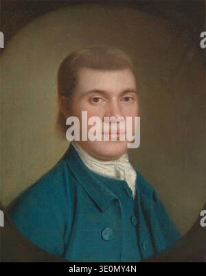 Dieses Porträtgemälde von George Romney aus den 1770er Jahren zeigt James Romney, wahrscheinlich ein Familienmitglied mit dem gemeinsamen Familiennamen. Das Motiv, ein junger Mann mit ernstzunehmendem Ausdruck, ist in einem blaugrünen Mantel und weißem Schaft dargestellt, charakteristisch für englische Porträts des 18. Jahrhunderts. Stockfoto