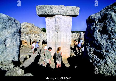 Taula Gehege, talayotisches Dorf torralba den Salord. 1000 v. Chr., Menorca, Balearen, Spanien Stockfoto