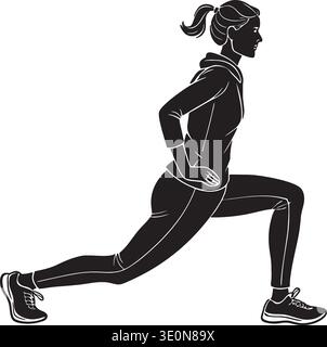 Schwarz-weiße Vektor-Silhouette einer Frau, die in sportlicher Sportbekleidung mit Pferdeschwanz läuft Stock Vektor