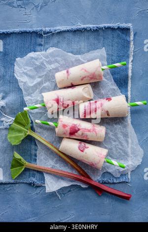 Hausgemachte cremige Stierkolben mit roten Beeren- und Rhabarberwirbeln auf Pergamentpapier über Denim-Stoff. Der frische Rhabarber stielt und strukturiert blau Stockfoto