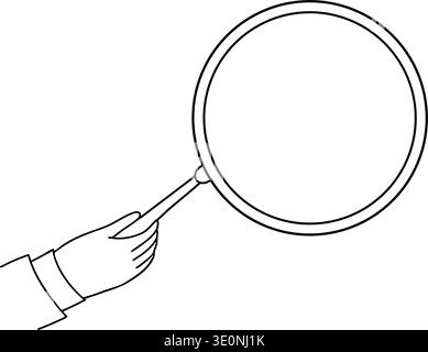 Die menschliche Hand hält das Lupenglas für Suche und Entdeckung. Minimal Doodle handgezeichnet. Vektorabbildung Stock Vektor