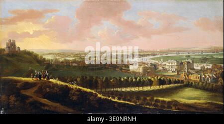 Dieses Ölgemälde aus dem 17. Oder 18. Jahrhundert von Jan Griffier zeigt einen weiten Blick auf Greenwich, wobei London im fernen Hintergrund sichtbar ist. Die Sonne geht links auf und beleuchtet das Greenwich Observatory und die geschäftige Themse mit ihren vielen Schiffen und Booten. Figuren zu Pferd und zu Fuß durchqueren die vorderirdischen Hügel und verleihen der historischen Landschaft ein Gefühl von Leben. Stockfoto
