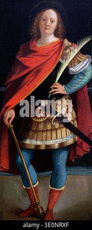 Dieses Gemälde aus dem 16. Jahrhundert mit dem Titel „Saint Gervase“ wurde von dem italienischen Renaissance-Künstler Gerolamo Giovenone geschaffen. Das Kunstwerk zeigt den jungen heiligen, der einen Palmenzweig hält, ein Symbol des Martyriums, während er in lebendige römische soldatenähnliche Kleidung gekleidet ist. Stockfoto